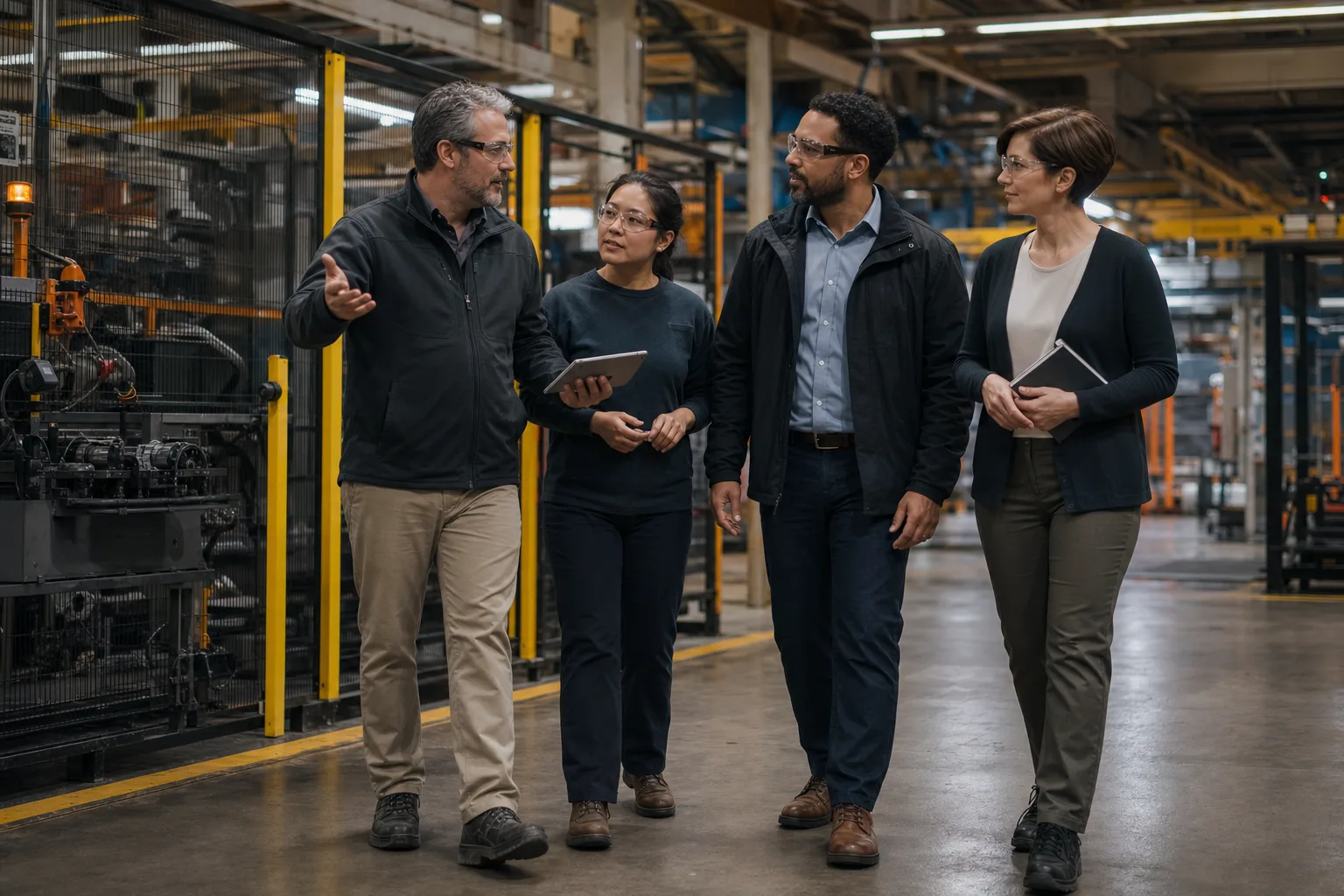 Manufacturing specialists discussing equipment